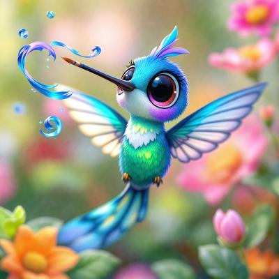 The primary subject of the image is a colorful, cartoon-like bird with a long beak. The bird is flying in a vibrant, flower-filled garden, surrounded by a variety of flowers. The setting is a lush, green environment, with the bird soaring above the colorful blossoms. The visual style of the image is a combination of digital art and illustration, creating a whimsical and playful atmosphere. The dominant colors in the image are pink, green, and blue, which contribute